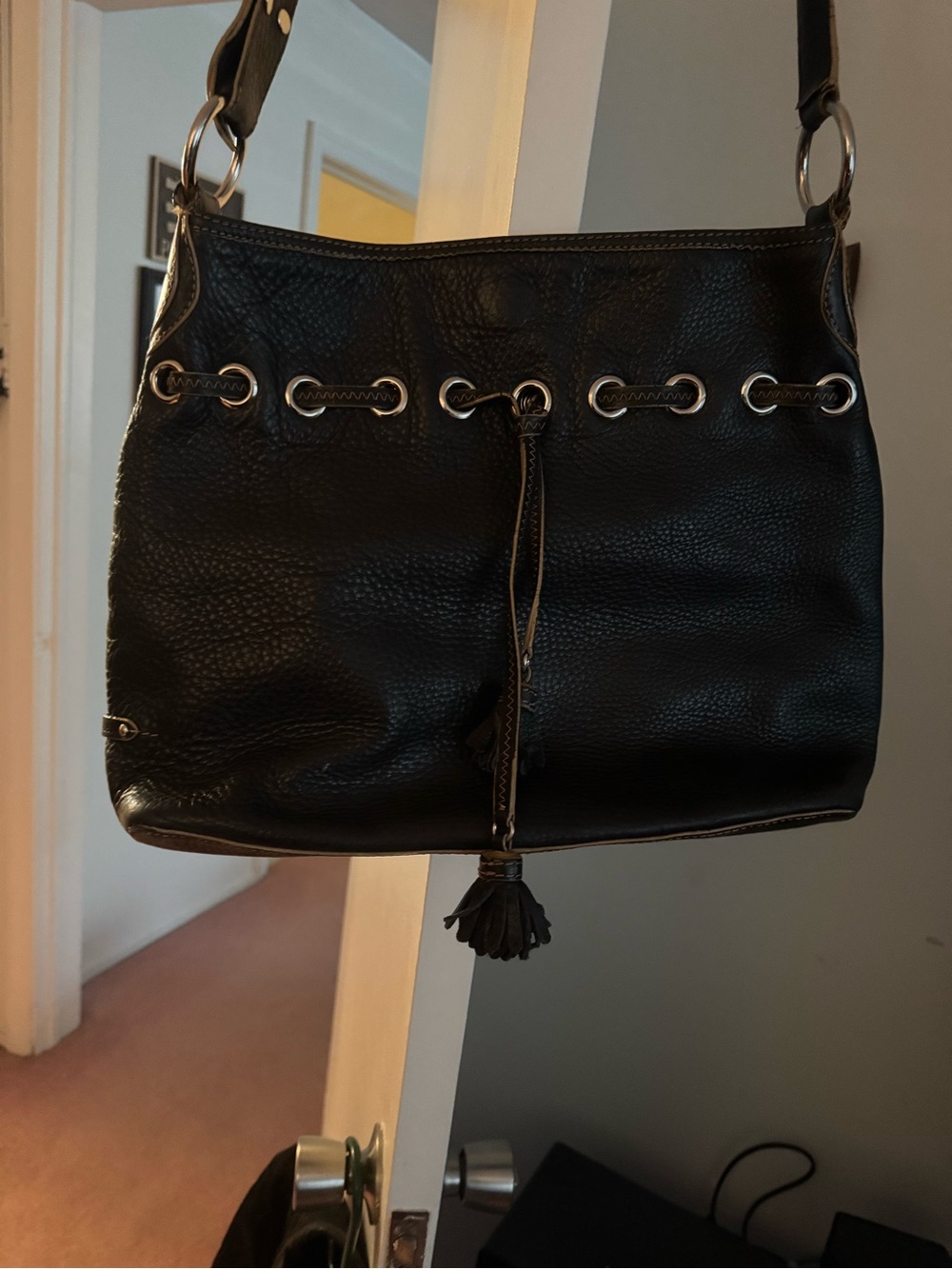 Black Leather Shoulder Bag with Tassel Detail